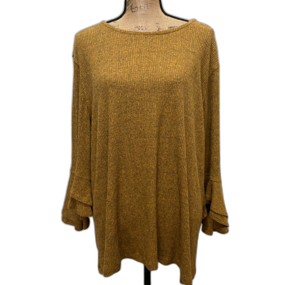 Multiples Ribbed Knit Tunic Top Mustard Yellow Ruffle Bell Sleeve Earthy Size 1X